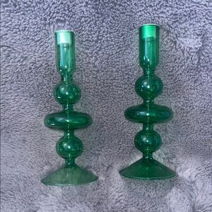 Pair Green Glass Sculptural Candle Holders - Home Accents